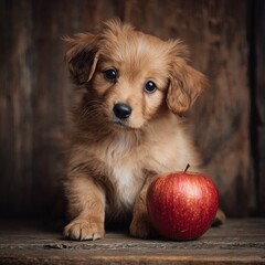Adorable Golden Puppy With Red Apple On Rustic Wood Background