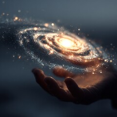 Hand Holding Glowing Spiral Galaxy in Surreal Night Scene