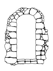 Stone arch as an entrance opening or frame. Black and white image. Vector illustration. For your designs in an old vintage style.