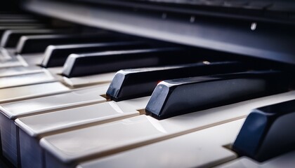 macro shot of piano keyboard emphasizing contrast between black and white keys in elegant minimal composition