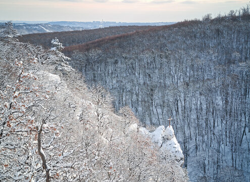 Snow-covered Moln&aacute;r Rock viewed from Bedő Albert Hill with winter forest and the distant cityscape of Miskolc visible on the horizon under clear winter light.