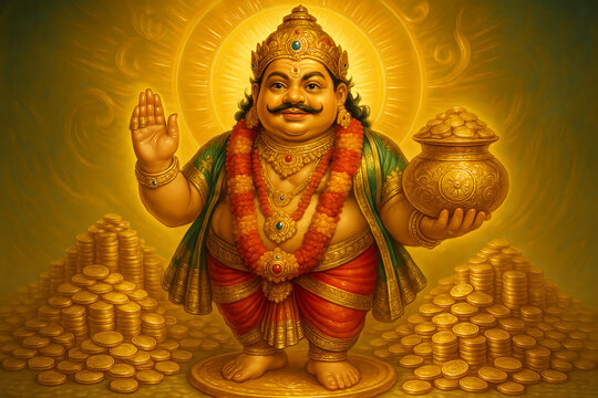 A richly adorned depiction of kubera the hindu god of wealth surrounded by gold coins and abundance radiating prosperity