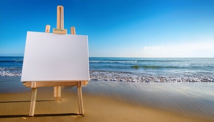 mockup of empty canvas on wooden easel placed on beach shore clear blue sky and calm ocean creating serene creative inspiration