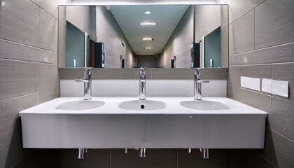 row of white ceramic sinks in a public restroom each with chrome faucets and soap dispensers minimal and clean layout