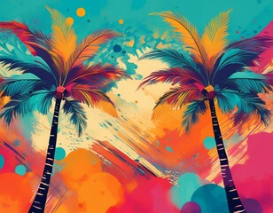 artistic summer collage with palm trees concept vibrant abstract texture with colorful splashes and lively patterns