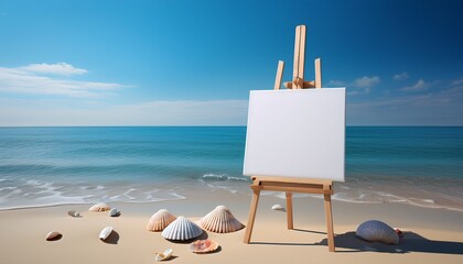 minimalist coastal scene with wooden easel and blank canvas surrounded by sand shells and tranquil blue ocean water