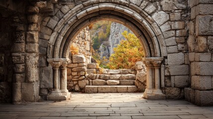 Visitors walk through ancient ruins with stone arches and natural textures, experiencing the blend of history and nature in the fading light.