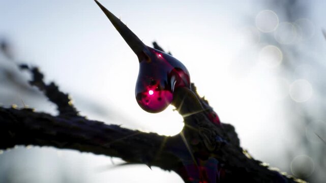 Extreme macro video of razor-sharp, obsidian thorns on a gnarled branch, back-lit by a hazy sky with bokeh. Viscous, ruby-red liquid drips in ultra slow-motion. Concept of profound sacrifice and pain