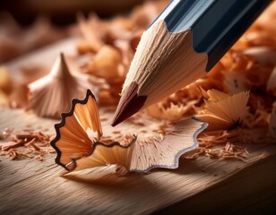 a close up captures the artistic aftermath of sharpening a pencil showcasing the delicate curls of wood shavings on a wooden surface highlighting the process of creation and transformation