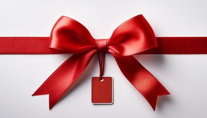 a vibrant red satin ribbon tied in a perfect bow with a blank rectangular tag isolated on a white background symbolizing celebration and gifting opportunities