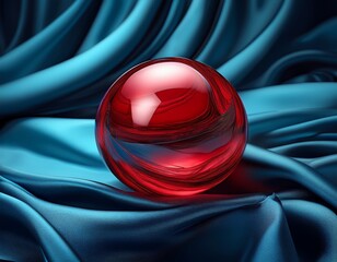 composition with a red gem sphere on a blue draped fabric background generative ai