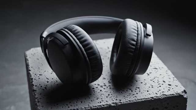 Black Headphones Resting on Textured Concrete Block in Dark Environment