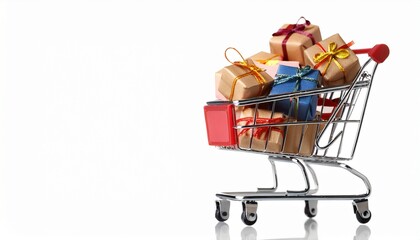 a miniature shopping cart filled with giftwrapped presents isolated on white background