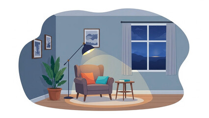 Calm evening room with lamp and plant, flat style