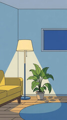 Calm evening room with lamp and plant, flat style