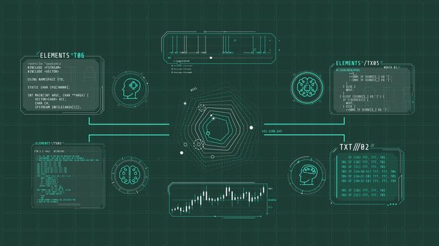Screen with animated infographic elements and programming codes