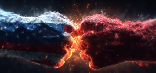 Clashing fists with American and opposing flag textures symbolizing political confrontation and national power