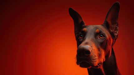 Elegant Doberman dog with expressive eyes in dramatic red studio lighting