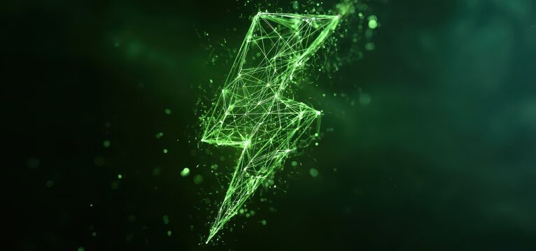 Green digital lightning bolt symbolizing the power and energy of artificial intelligence technology