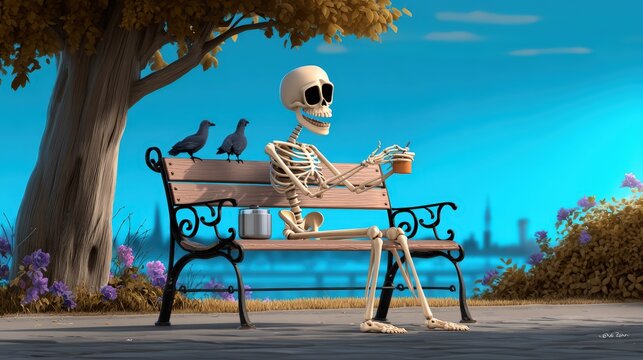Funny Cartoon Skeleton Sitting on a Park Bench Enjoying Coffee