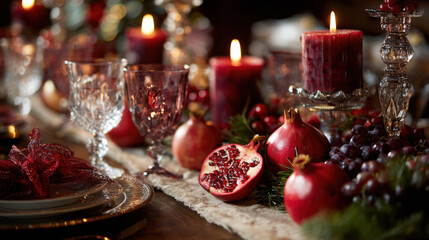 Elegant Festive Holiday Dinner Table Setting with Romantic Red Candles Crystal Glassware and Fresh Pomegranates Grapes and Winter Greenery Decor for Christmas Celebration or New Year Eve Party Event