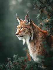 Obraz premium Majestic Eurasian Lynx Portrait in Wild Forest Setting Featuring Beautiful Golden Eyes and Pointed Ear Tufts Peeking Through Evergreen Pine Branches During a Calm Morning in the Northern Wilderness