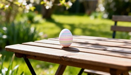 Single striped Easter egg on a wooden table. Pastel colored egg in a sunny spring garden. Easter holiday celebration concept