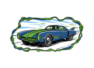 Sport car print design for t shirt print, poster, sticker, background and other uses. Fast wheels challenge. Vintage speed racing artwork. Classic aut