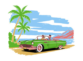 Vintage car tropical road trip design. Summer vacation car print design for t shirt print, poster, sticker, background and other uses. Coastal drive a