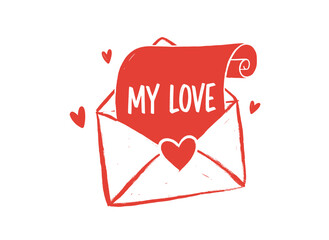 My Love letter in open envelope artwork. Valentines Day greeting graphic element. Romance message illustration for t shirt print, poster, sticker, bac