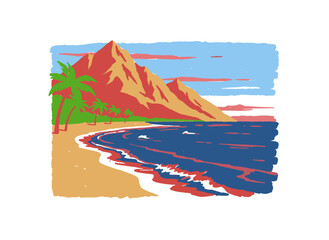 Beach with mountain artwork. Coastal vibes design. Tropical abstract art design. Ocean wave illustration for t shirt print, poster, sticker.