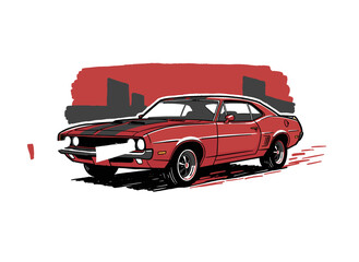 Sport car print design for t shirt print, poster, sticker, background and other uses. Fast wheels challenge. Retro muscle car graphic illustration.