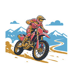 Motocross rider illustration for apparel. Dirt bike extreme off road racing graphic. Mountain adventure motorcycle artwork. T shirt print poster stick