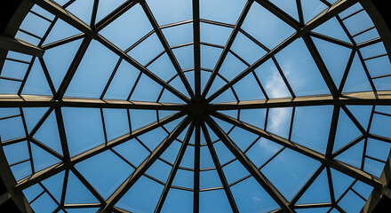 Geometric glass ceiling structure against a clear blue sky