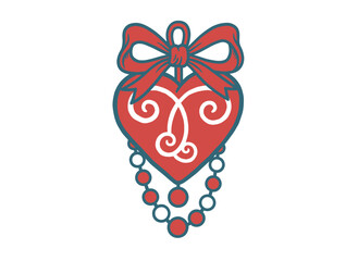 Vintage heart artwork with ribbon and beads design. Retro ornamental graphic print. Valentines Day love symbol for t shirt print, poster, sticker, bac