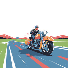 Cruiser motorcycle rider illustration. Highway road trip graphic art. Vintage biker culture design. Speed and freedom on the road. Artwork for t shirt