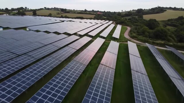 Expansive aerial video smoothly gliding over a vast solar panel farm with thousands of dark photovoltaic panels in rows on a lush green field under an overcast sky, renewable energy concept