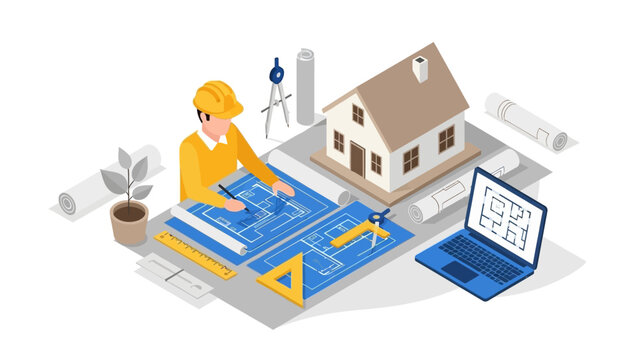 Architectural design process with engineer planning project layout in isometric style