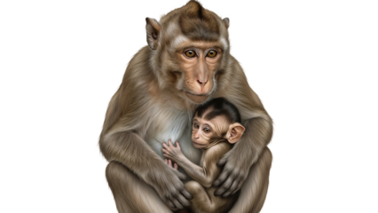 Mother monkey hugging her baby in a gentle embrace on a white background