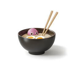 Whimsical Ramen Bowl with Cute Pink Character and Chopsticks, Playful, Surreal Food Concept on White Background