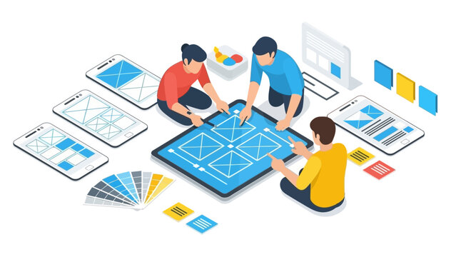 Team collaborating on mobile app design with isometric digital tools and prototypes