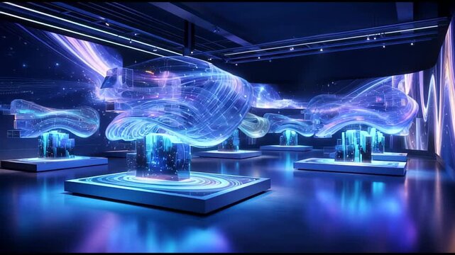 Futuristic holographic display showcasing abstract glowing data streams and geometric shapes in a dark modern exhibition hall with neon lighting and reflective surfaces representing innovation