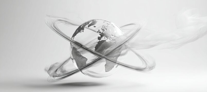 Globe with Orbiting Smoke Rings on White Background for Global Branding - Powered by Adobe