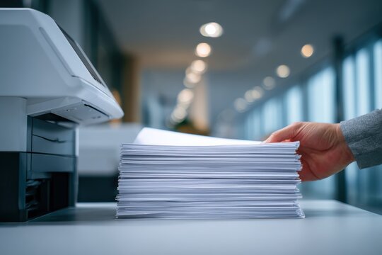 Office Worker Handling Freshly Printed Documents in Modern Workspace