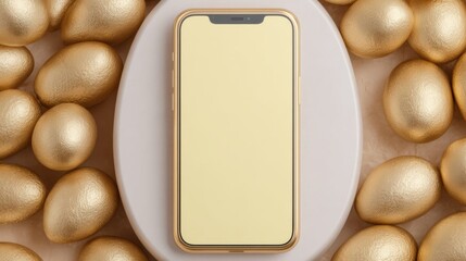 Golden smartphone mockup surrounded by luxury golden Easter eggs on marble background