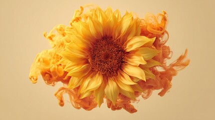 Sunflower Head Formed by Yellow and Orange Smoke on Beige Background