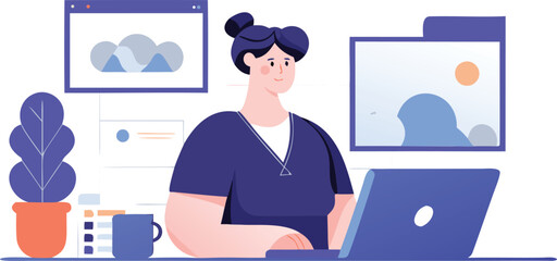 Focused woman working on a laptop computer at a desk with digital screens displaying abstract graphics and a potted plant representing productivity remote work and modern office