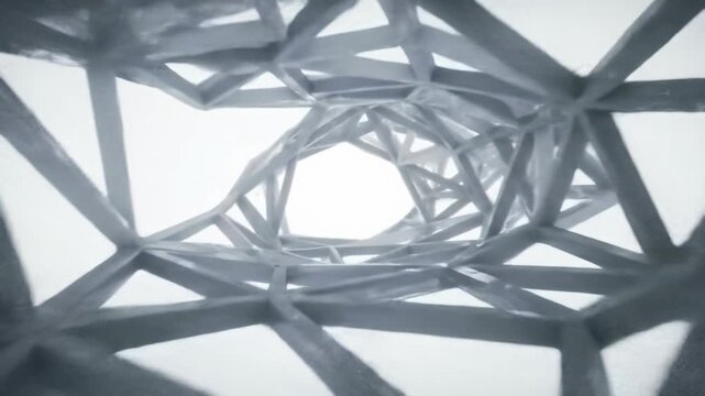 A high-tech, minimalist abstract geometric network of light gray and white translucent triangles subtly undulates against a pristine white void. Futuristic technology concept