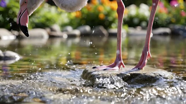 Flamingo gracefully dips its beak into the tranquil water, creating a splash.