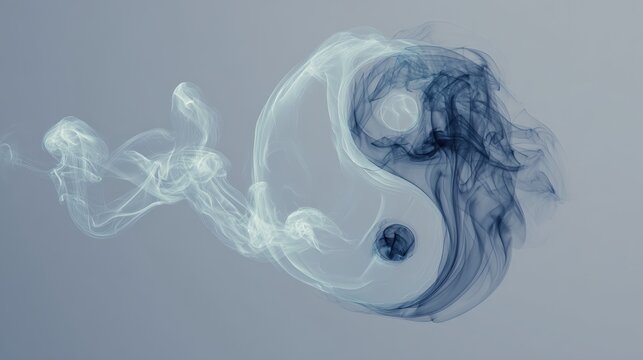 Yin-Yang Symbol Formed by Flowing Smoke on Gray Background